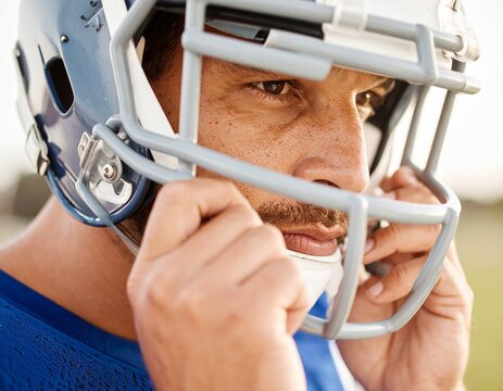 Focused Male American Football Player Putting On His Helmet. - Powered by Adobe