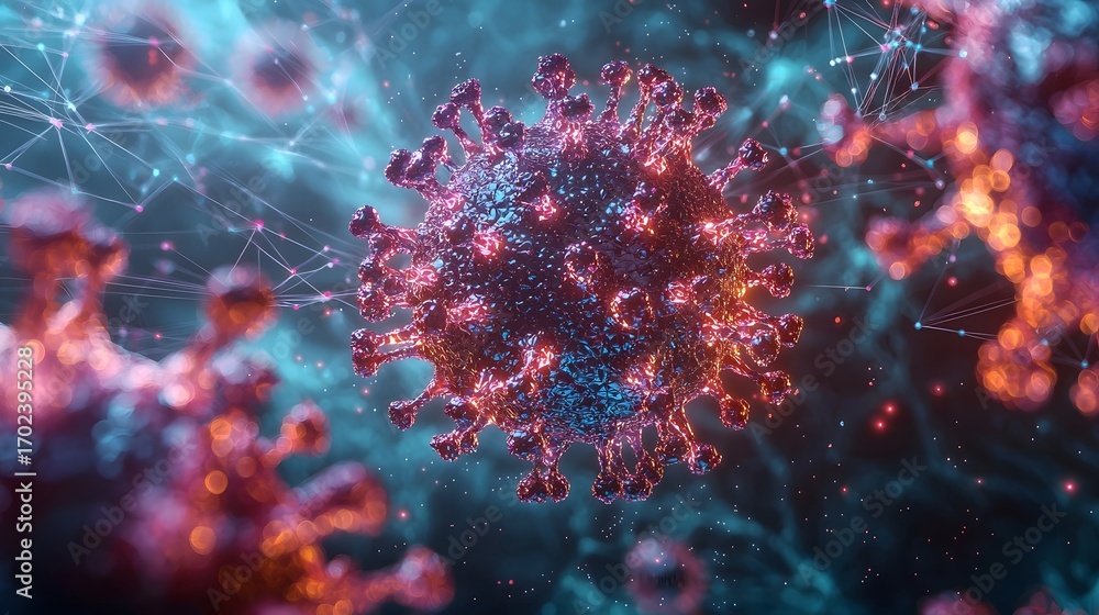 Poster a detailed 3d rendering of a virus particle with abstract molecular networks and glowing scientific 