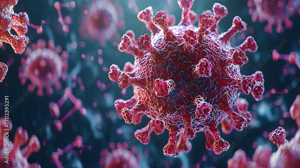 Poster detailed 3d rendering of a red coronavirus particle with prominent spikes set against a dark abstrac