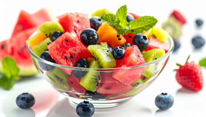 Colorful fruit salad with watermelon, blueberries and kiwi in glass bowl. Fresh and tasty snack.