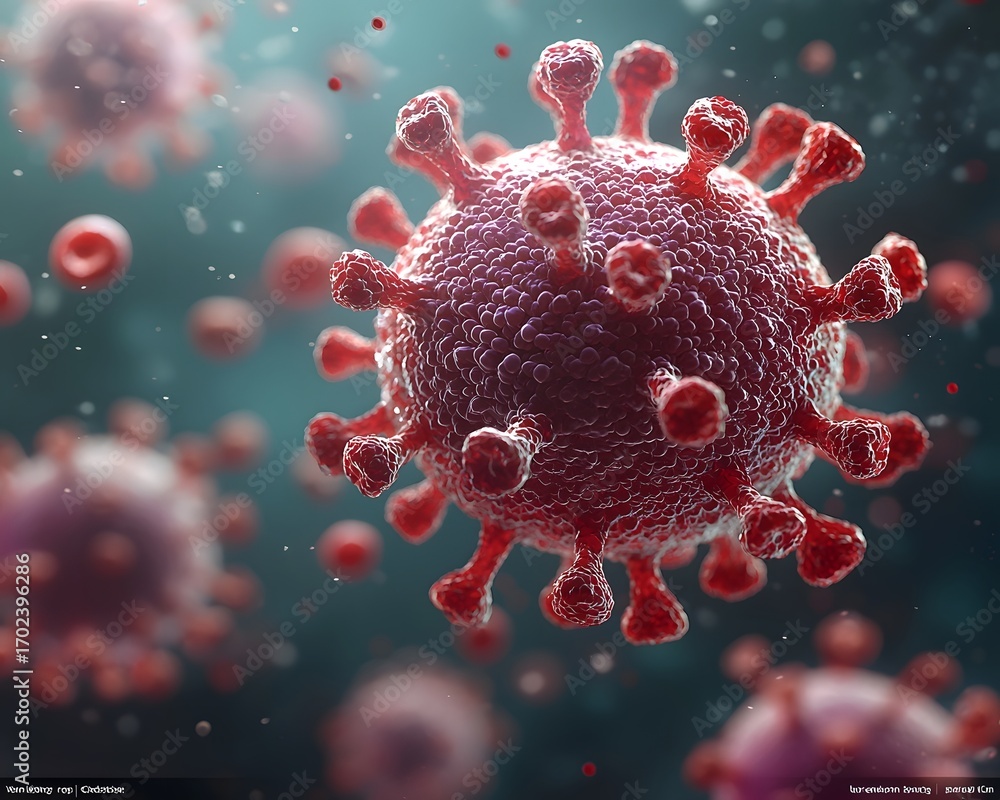 Aufkleber a detailed 3d rendering of a coronavirus particle with spike proteins surrounded by microscopic red 