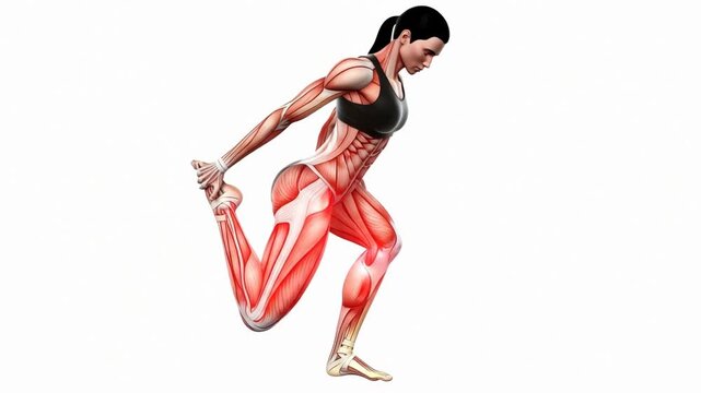 Anatomical visualization of a woman stretching her quadriceps muscle, highlighting the muscle structure and function for educational purposes, fitness and health.