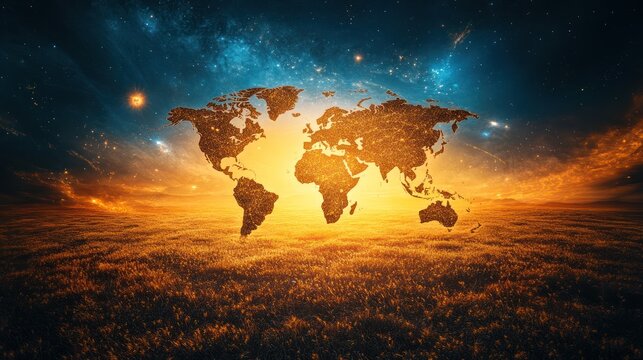 World map, cosmos, golden field, serene view, spiritual image