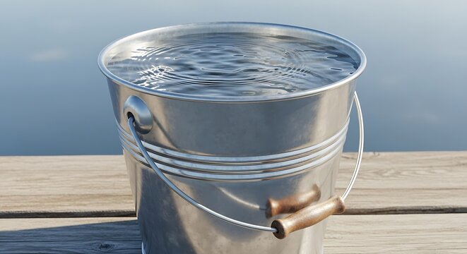Metal bucket filled with water on a wooden dock by the lake.