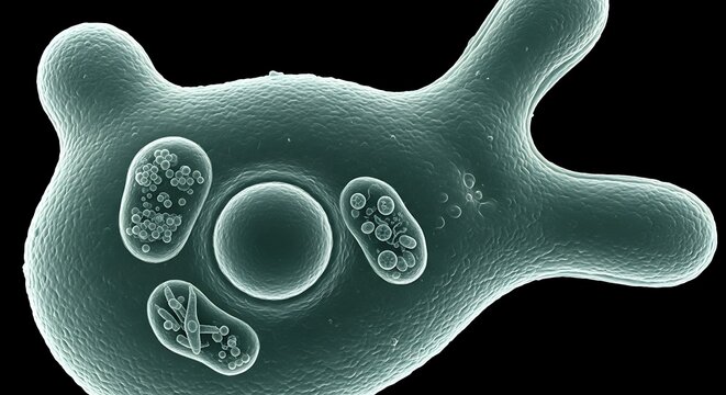 Microscopic view of an amoeba showing its irregular shape and internal structures.
