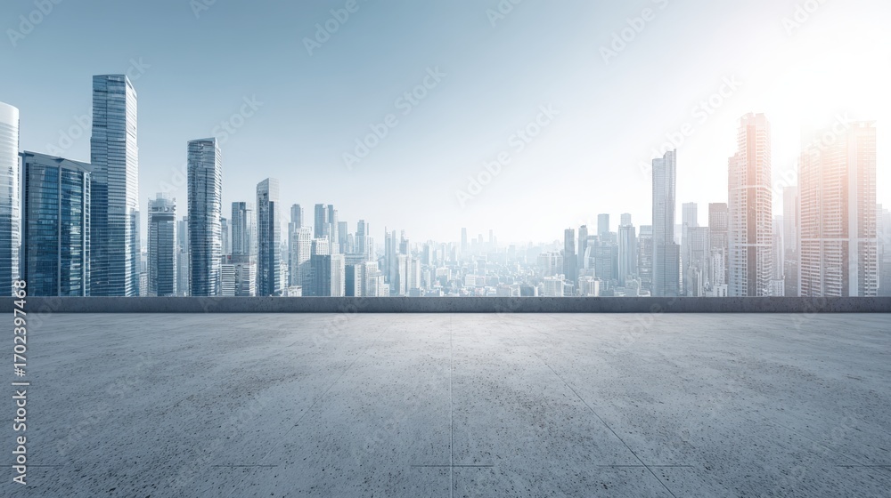 Poster modern cityscape panorama with empty concrete platform, ideal for product display and urban developm