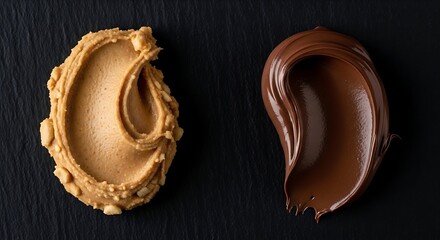 A conceptual overhead shot contrasting two popular spreads, chunky peanut butter and smooth chocolate hazelnut spread, showcasing their textures and flavors.