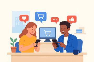 Vector illustration of people shopping online using smartphone and computer with social media icons.