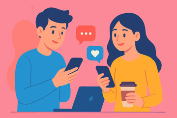 Vector illustration of couple chatting with smartphones and exchanging social media messages.
