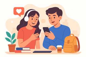 Fototapeta premium Vector illustration of young couple with headphones using smartphones, chatting and enjoying social media. 