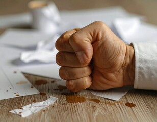 Frustrated Man Slams Fist on Desk with Documents.