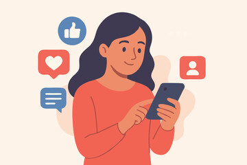 Vector illustration of a young woman using smartphone alone, checking messages and social media notifications.
