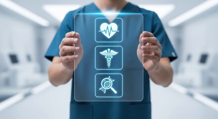 Doctor Holding Digital Health Interface With Medical Icons