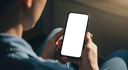 Person holds smartphone with a blank white screen for easy customization and design integration.