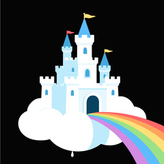 Obraz premium Fantasy Castle on a Cloud with Rainbow Bridge Illustration in Flat Design Style