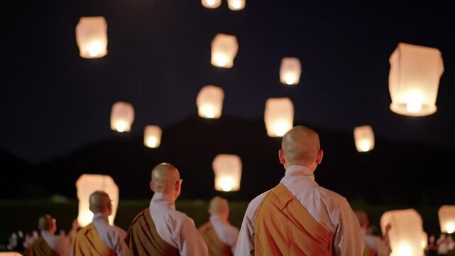 Monks release sky lanterns night