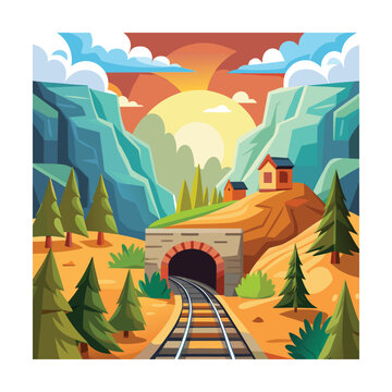 Cartoon Landscape with Railway Tunnel and Train Illustration