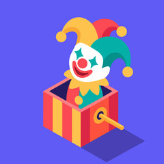 Whimsical Jack-in-the-Box with Clown Popping Out, Isometric Vector Illustration on Blue Background