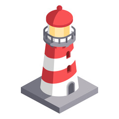 Isometric Lighthouse Illustration with Red and White Stripes on a Gray Base, Vector Graphic