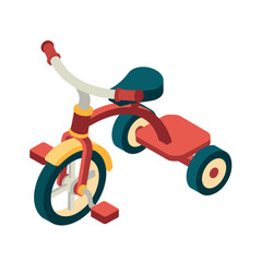 Isometric Illustration of a Red and Yellow Tricycle with Three Wheels for Children