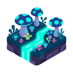 Isometric Glowing Mushroom Landscape Illustration with River and Plants, Fantasy Environment Design
