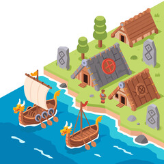 Isometric Viking Village Scene with Longboats on the Water and Traditional Houses on the Shoreline Illustration