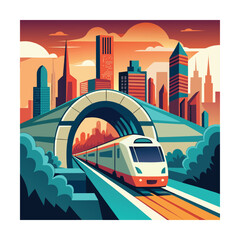Modern Train Entering Tunnel with City Skyline