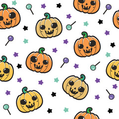 Seamless pattern with Halloween elements like pumpkins, stars and lollipop on white background 