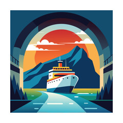 Modern Ship Coming Out of Seaside Tunnel