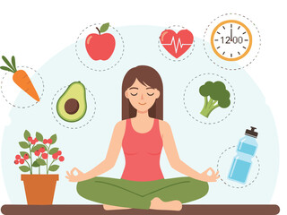 Holistic health vector illustration, woman in yoga pose, healthy lifestyle icons, wellness concept, flat design, black yellow white