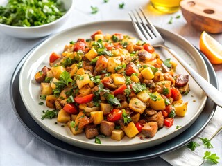 Delicious Potato Hash with Vegetables and Herbs on a Plate Ready to Eat