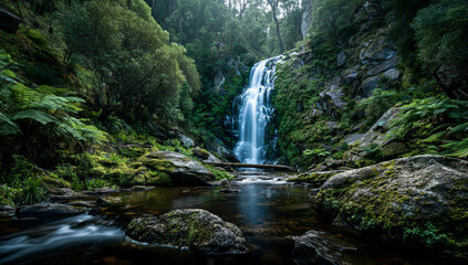 Fototapeta premium Majestic waterfall cascading down mossy rocks in a lush green forest