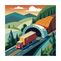 Truck Entering Hillside Tunnel Vector Artwork