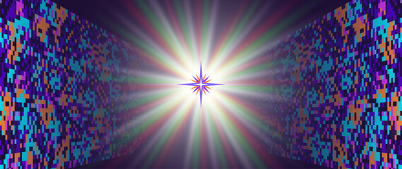 Vector wide abstract poster. Radiant glowing star in center. Colored textured pixel walls going into dark depth. Background or wallpaper