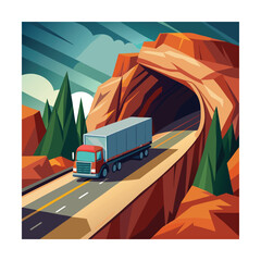 Truck Passing Through Rocky Cliff Tunnel Illustration