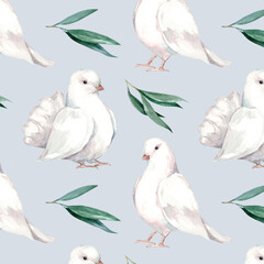 Watercolor seamless pattern with white dove with green olive branch. Hand made illustration peace symbol for fabric