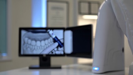 Computer screen with toothbrush on it. A dentist uses a computer to monitor his dental equipment. Professional dental technology scans teeth in an office. A toothbrush placed on a computer lifestyle.