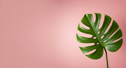 Single Monstera Leaf on Pink Background: Minimalist Tropical Botanical Design Element