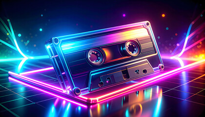 A futuristic, retro-futurism style vector of a vintage cassette tape with a glowing holographic finish and neon lights, floating in a dark cyberspace environment with glowing lines