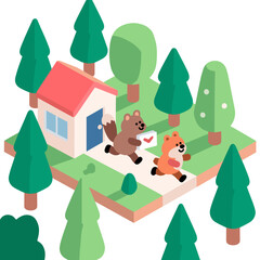 Fototapeta premium Isometric Illustration of Two Cartoon Animals Running with a Letter Near a House in a Forest
