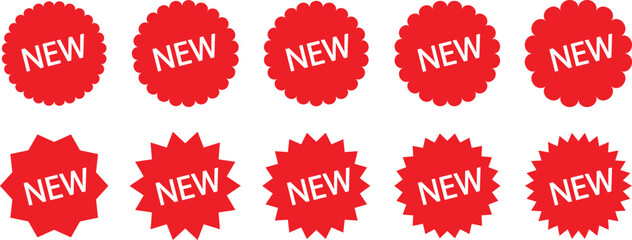 Starburst sticker and price label set, promo tag icons, discount label pack. Starburst price badge, glossy sale symbols, wavy edge red promo tags, flat style vector collection.