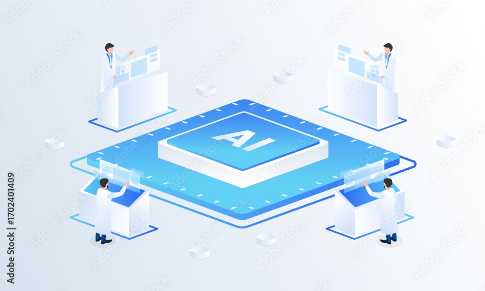 Aufkleber artificial intelligence chip isometric vector illustration. analyzing ai microchip technology, compu