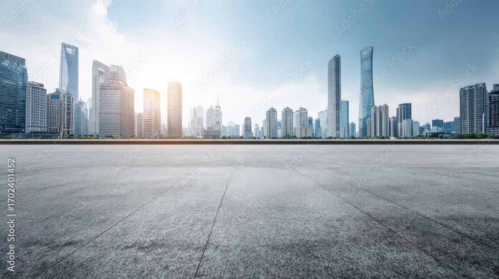 Poster modern cityscape view with empty concrete floor, perfect for product placement and urban development