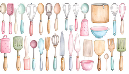 A whimsical, hand-drawn vector set of watercolor kitchen utensils and cookware with playful, exaggerated proportions, including whisks, pots, and spatulas in soft pastel colors
