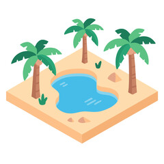 Obraz premium Isometric Desert Oasis Illustration with Palm Trees and Water Pond in a Flat Design Style