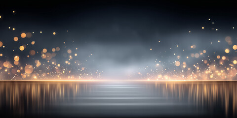 Golden bokeh lights above rippling water with warm glow for design card