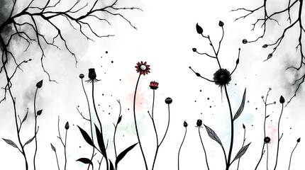 Watercolor Floral Drawing with Bare Branches, Minimalist, Elegant - Black and White with Subtle Color Accents                                         