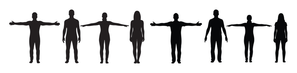 A row of eight black human silhouettes, both male and female, in various poses against a white background.