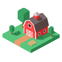 Isometric Red Barn with Green Trees and Grass Landscape Illustration in Flat Design