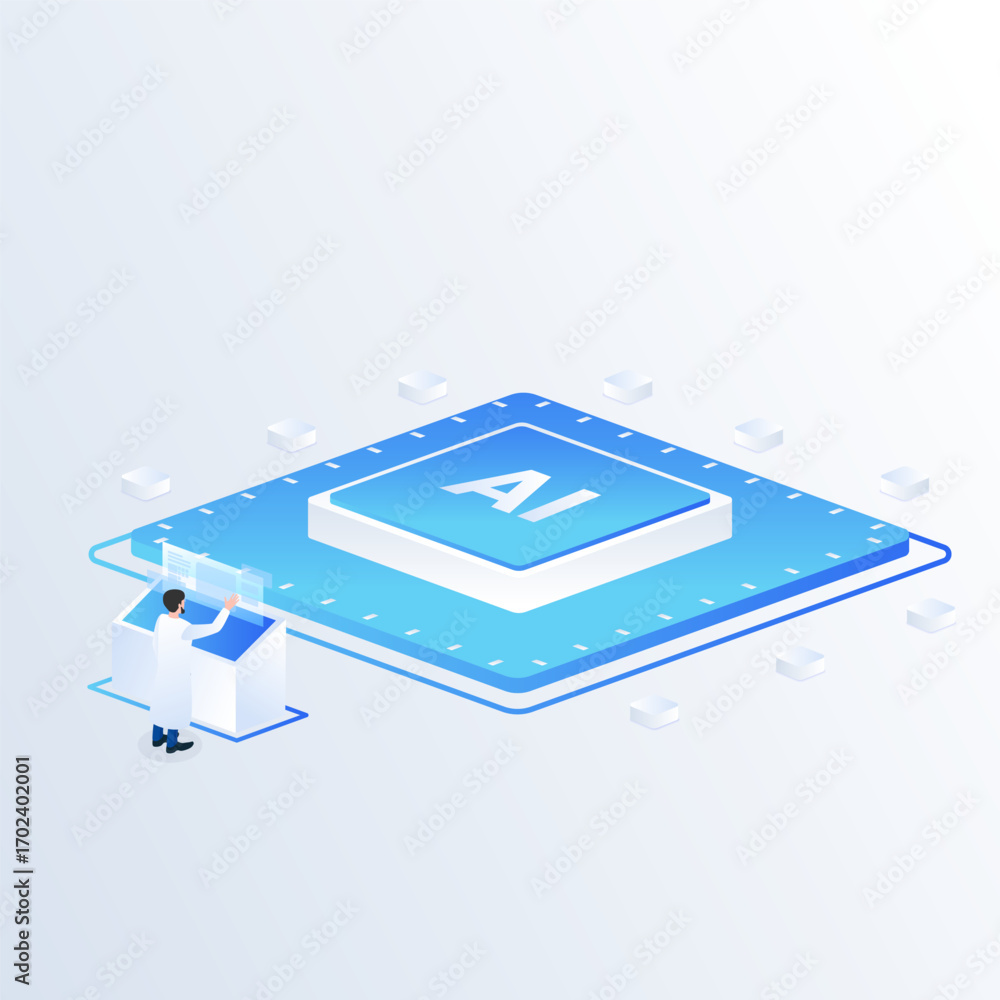 Poster artificial intelligence microchip isometric vector illustration. analyzing ai microchip technology c